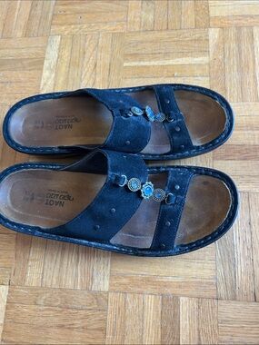 Naot Black Suede Slide Sandals with Turquoise Accent